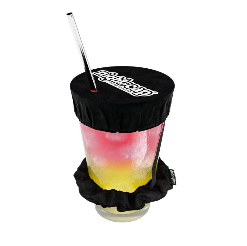 Black insulated cup holder with a colorful drink inside on a white background