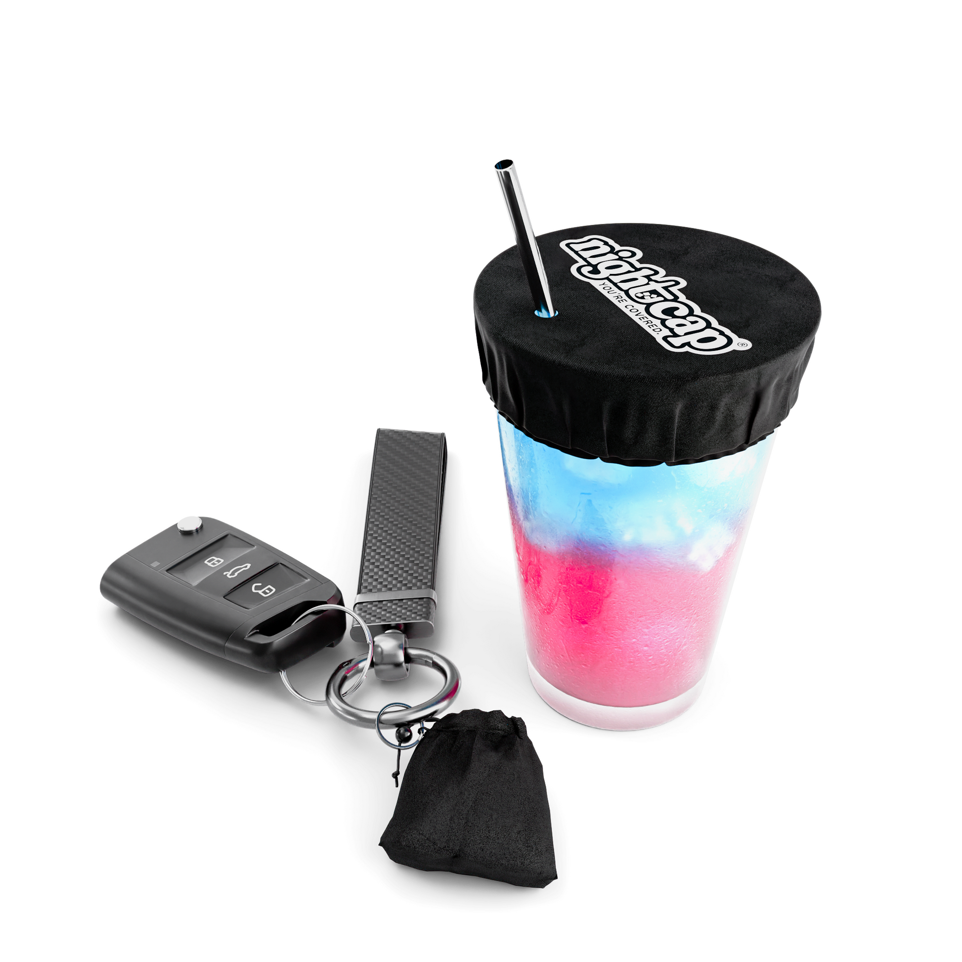 Color-drink in cup with black lid, keychain, and pouch on a white background