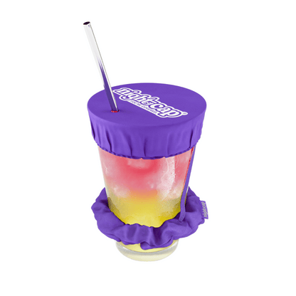 Purple drink cup with colorful contents and straw on a white background